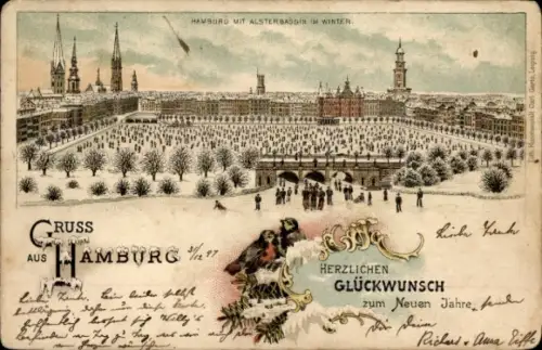 Winter Litho Hamburg, Eisläufer auf dem Alsterbassin, Türme der Stadt, Glückwunsch Neujahr