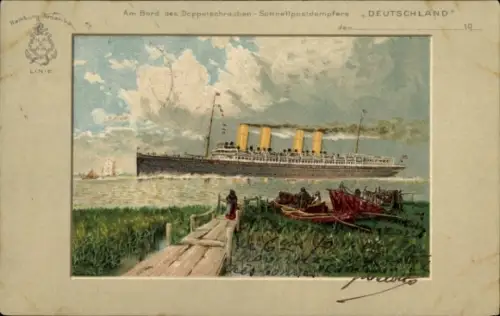 Passepartout Ak HAPAG Dampfer Deutschland, Passagierschiff, Doppelschrauben Postdampfer