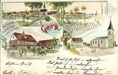 Litho Ohnheim Fegersheim Elsass Bas Rhin, Kirche, Schule, Wirtschaft zum grünen Jäger