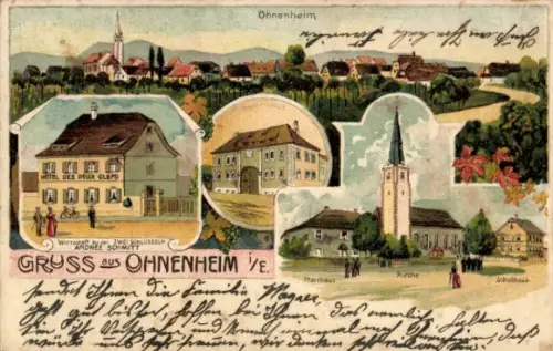 Litho Ohnenheim Elsass Bas Rhin, Kirche, Schulhaus, Hotel