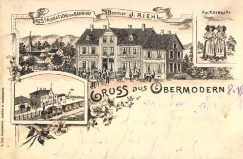 Litho Obermodern Zutzendorf Elsass Bas Rhin, Volkstracht, Restauration Zum Bahnhof