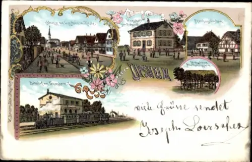 Litho Fegersheim Elsass Bas Rhin, Bahnhof, Kirche, Straße