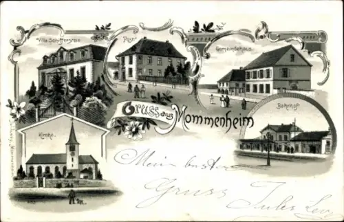 Litho Mommenheim Elsass Elsass Bas Rhin, Bahnhof, Kirche, Gemeindehaus