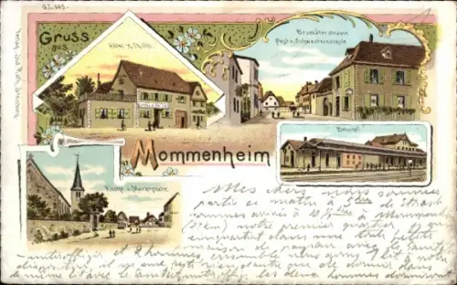 Litho Mommenheim Elsass Elsass Bas Rhin, Bahnhof, Kirche, Marktplatz