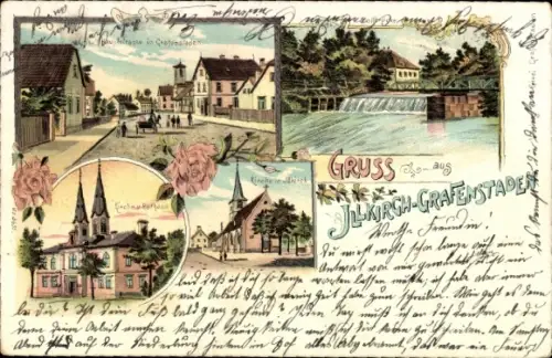 Litho Illkirch Graffenstaden Grafenstaden Elsass Bas Rhin, Kirche, Rathaus, Wehr