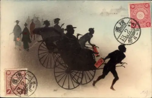 Scherenschnitt Ak Rikscha-Fahrer, Passanten