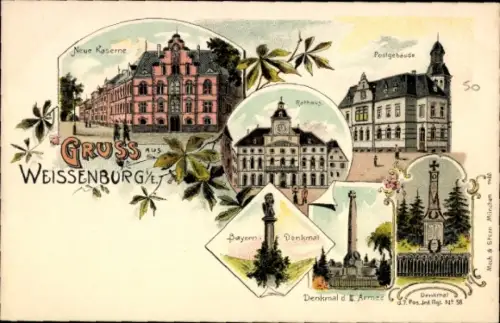 Litho Wissembourg Weißenburg Elsass Bas Rhin, Neue Kaserne, Postgebäude, Bayern-Denkmal