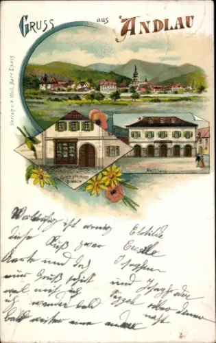 Litho Andlau Elsass Bas Rhin, Gesamtansicht, Rathaus