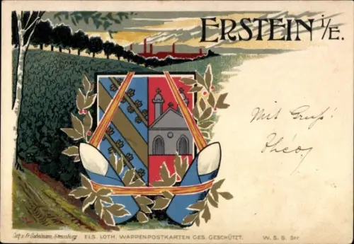 Wappen Litho Erstein Elsass Bas Rhin, Wiese, Bäume