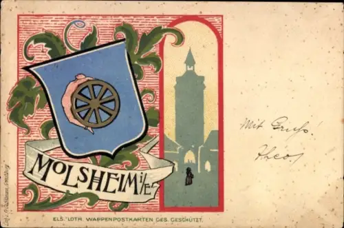 Wappen Litho Molsheim Elsass Bas Rhin, Stadtwappen, Kirche