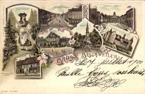 Litho Bischwiller Bischweiler Elsass Bas Rhin, Elsässerin, Kramerstraße, Kirche