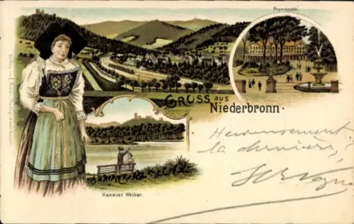 Litho Niederbronn les Bains Bad Niederbronn Elsass Bas Rhin, Promenade, Elsässerin, Hanauer Weiher