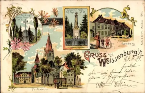 Litho Wissembourg Weißenburg Elsass Bas Rhin, Denkmal, Paulskirche, Schloss Gaisberg