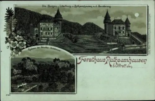 Mondschein Litho Ottrott Elsass Bas Rhin, Forsthaus Rathsamhausen, Burgen
