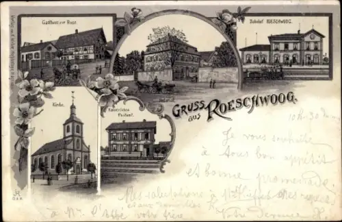 Litho Rœschwoog Roeschwoog Röschwoog Elsass Bas Rhin, Kirche, Gasthaus zur Rosa