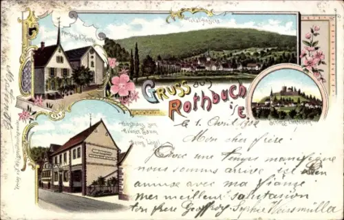Litho Rothbach Elsass Bas Rhin, Gesamtansicht, Gasthaus zum Grünen Baum