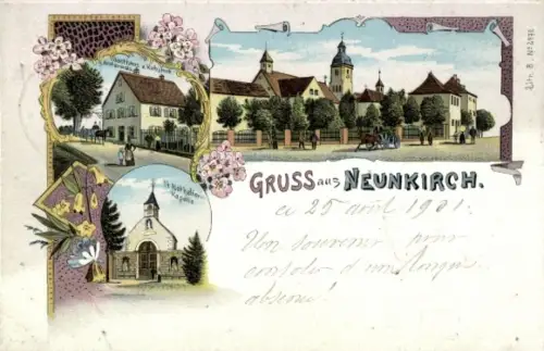 Litho Neunkirch Friesenheim Elsass Bas Rhin, Gesamtansicht, Kapelle