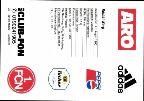 Autogrammkarte Rainer Berg, 1. FC Nürnberg, Portrait, Autogramm