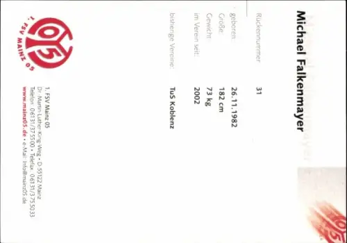 Autogrammkarte Michael Falkenmayer, 1. FSV Mainz 05, Portrait, Autogramm