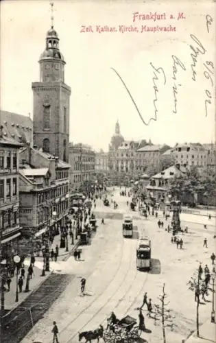 Ak Frankfurt Main, Straßenpartie an der Zeil, Katharinen-Kirche, Hauptwache, Straßenbahnen