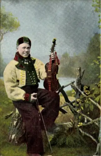 Ak Mann in Tracht hält eine Geige, Portrait