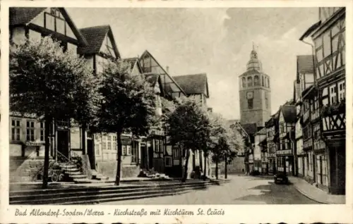 Ak Bad Sooden Allendorf an der Werra Hessen, Kirchstraße mit Kirchturm Sankt Crucis