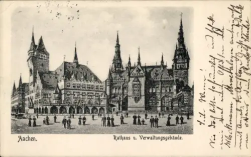 Ak Aachen,  Rathaus, Verwaltungsgebäude, Menschen auf der Straße