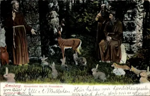 Ak Arenberg Koblenz am Rhein,  Einsiedelei des hl. Franziskus, Tiere, Hase, Rehe, Mönche