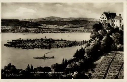 Ak Insel Reichenau Bodensee,  Schloß Salensfein, Landschaft, Boot auf dem Wasser