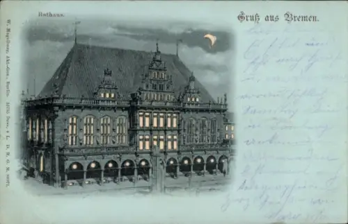 Mondschein Litho Hansestadt Bremen, Rathaus bei Nacht