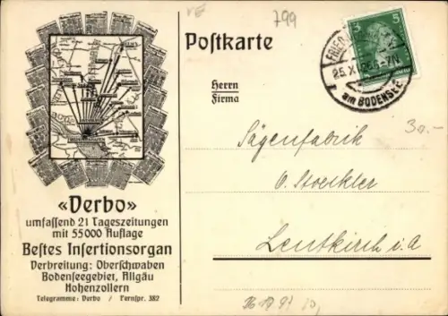 Ak Werbung, Anzeigen-Verwaltung Verbo, Verband oberschwäbischen Zeitungsverlegers