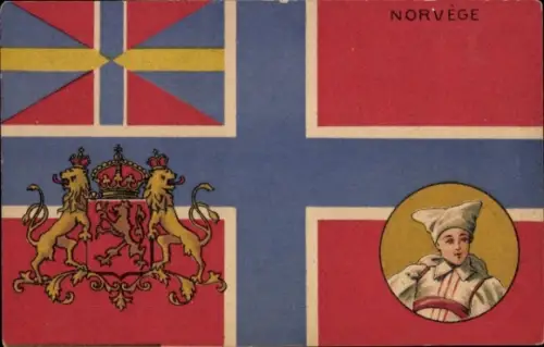 Wappen Ak Norwegen, Kind in norwegischer Tracht, Fahne