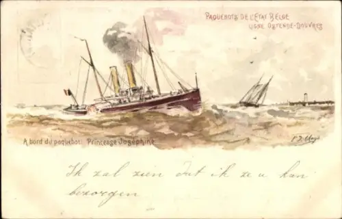 Ganzsachen Künstler Litho Belgien, Fährschiff Princesse Josephine, Linie Ostende Dover