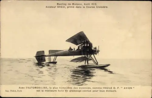 Ak Meeting de Monaco Avril 1913, Aviateur Bregi, prime dans la Course Croisiere, Wasserflugzeug