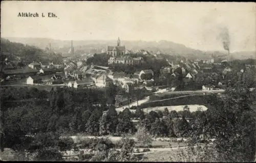 Ak Altkirch Elsass Haut Rhin, Stadtansicht, Kirche, Fabrikschornstein, Bäume, 