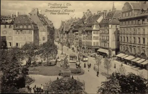 Ak Strasbourg Straßburg Elsass Bas Rhin,  Gutenbergplatz, Menschen, Gebäude, Straßenansicht