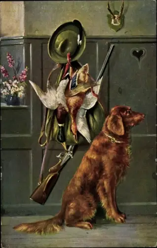 Künstler Ak Nach der Jagd, Hund, Entenjagd