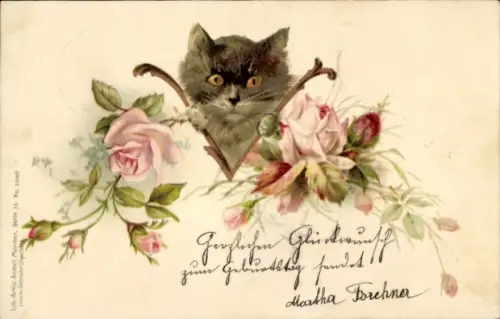 Litho Schwarze Katze umgeben von Rosen