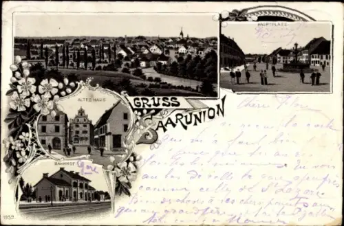 Litho Sarre Union Saarunion Elsass Bas Rhin, Hauptplatz, altes Haus, Bahnhof