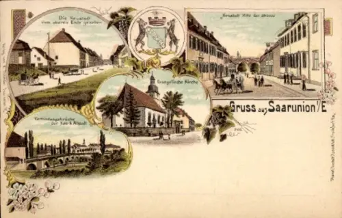 Wappen Litho Sarre Union Saarunion Elsass Bas Rhin, Neustadt, Kirche, Verbindungsbrücke