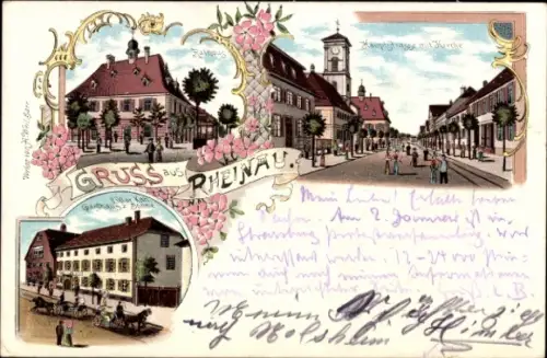 Litho Rhinau Rheinau Elsass Bas Rhin, Rathaus, Hauptstraße, Kirche, Gasthaus