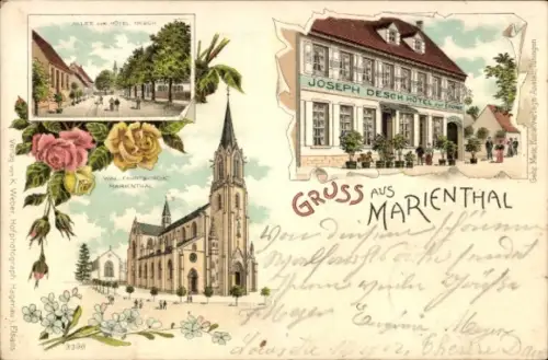 Litho Marienthal Haguenau Hagenau Elsass Bas Rhin, Allee, Hotel Joseph Desch, Kirche