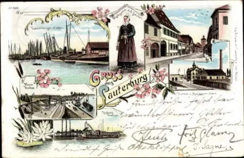 Litho Lauterbourg Lauterburg Elsass Bas Rhin, Hafen, Straßenpartie, Frau in Tracht