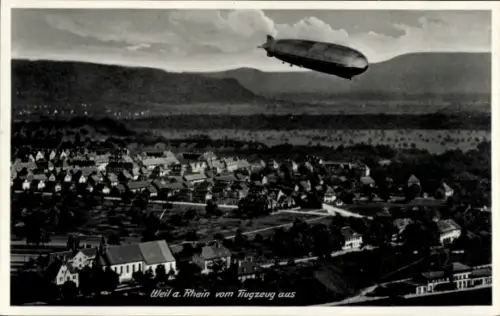 Ak Weil am Rhein, Luftaufnahme von  Zeppelin, Landschaft, Häuser