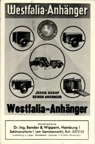 Ak Hamburg, Westfalia-Anhänger, Dr. Ing. Bender & Wippern, Reklame