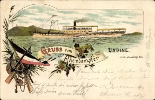 Litho Rheindampfer Undine in Fahrt, Flagge, Anker