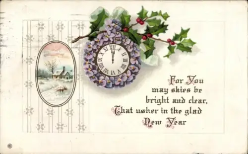 Präge Ak Glückwunsch Neujahr, Uhr, Stechpalme