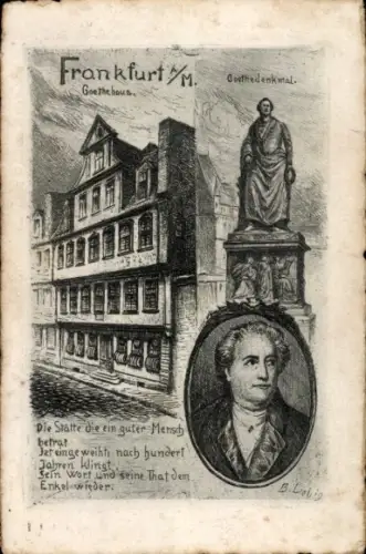 Künstler Ak Frankfurt am Main, Goethehaus, Goethe-Denkmal, Portrait Johann Wolfgang von Goethe