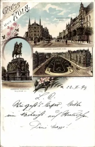 Litho Köln am Rhein, Reiterdenkmal, Hohenzollernring, Kaiser Wilhelm Ring