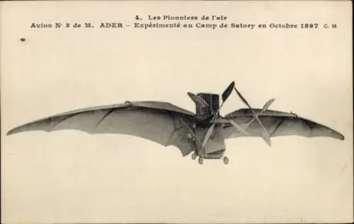 Ak Pioneers of the Air, Mr. Aders Flugzeug, experimentiert im Camp de Satory, 1897